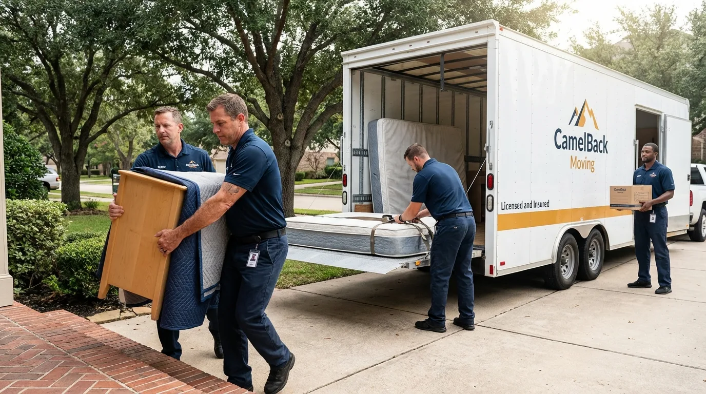 Crew loading residential truck for cross-state move from Mountain Lake, MN