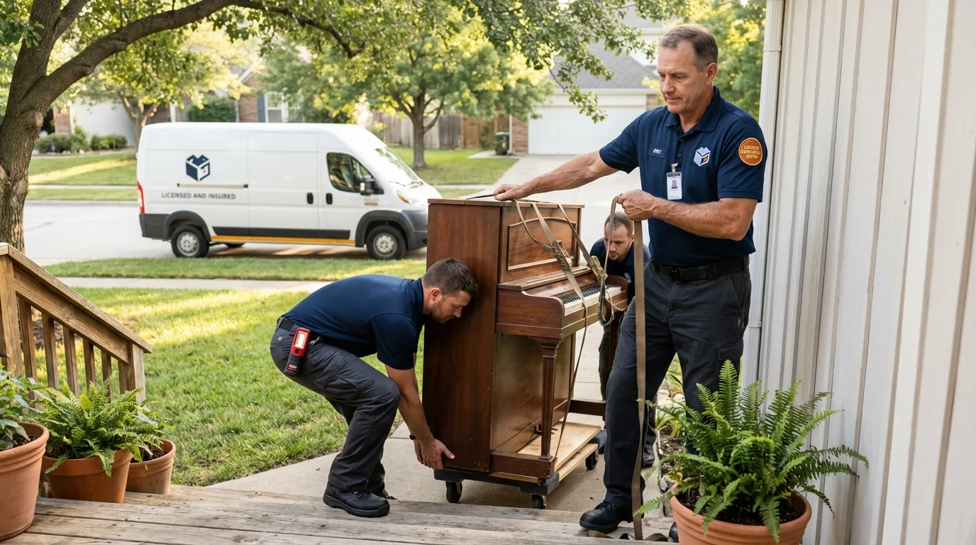 Licensed piano movers securing grand piano in Mountain Lake, MN