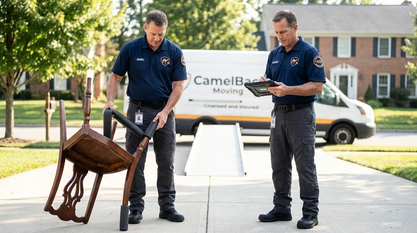 Movers inspecting furniture for damage prevention before loading in Mountain Lake, MN