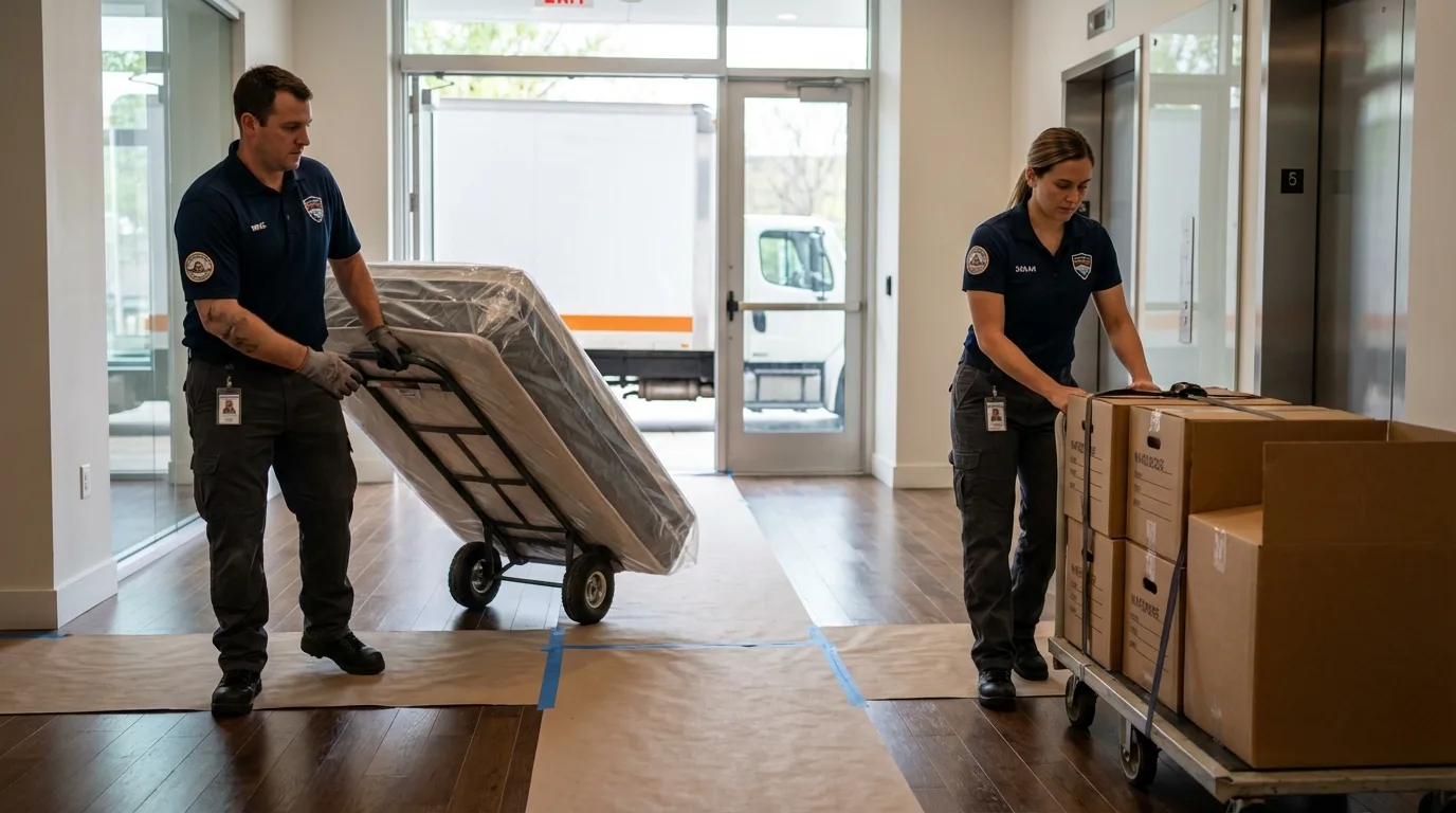 Professional apartment movers loading elevator in Mountain Lake, MN