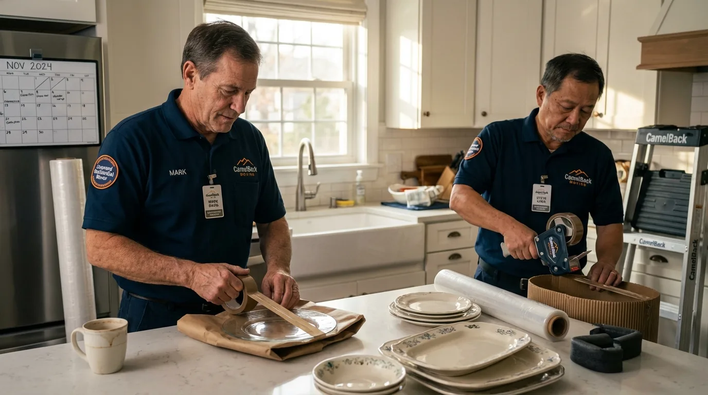 Professional crew packing kitchen dishware in Mountain Lake, MN